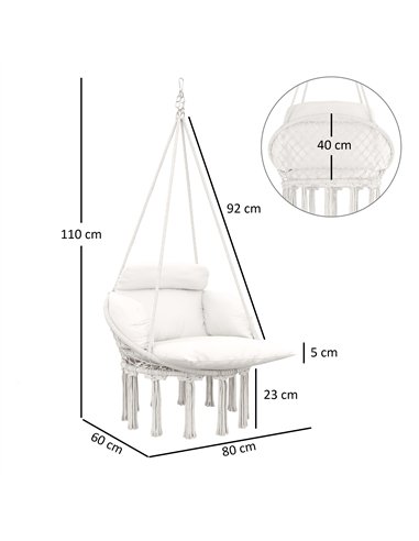 Outsunny Hanging Chair Outdoor Hammock Chair with Soft Cushion, Cotton Rope Boho Style Swing Chair, Hanging Garden Swing Seat fo