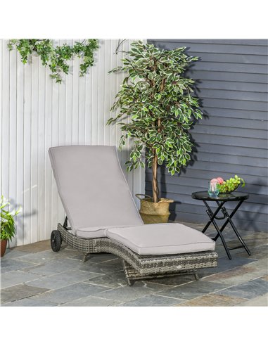 Outsunny Patio Wicker Chaise Lounge Chair, Outdoor PE Rattan Sun Lounger with Adjustable Backrest and 2 Wheels, Grey