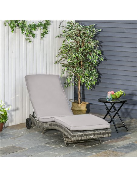 Outsunny Patio Wicker Chaise Lounge Chair, Outdoor PE Rattan Sun Lounger with Adjustable Backrest and 2 Wheels, Grey - pic 118129 | FastDaddyshop