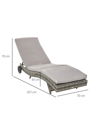 Outsunny Patio Wicker Chaise Lounge Chair, Outdoor PE Rattan Sun Lounger with Adjustable Backrest and 2 Wheels, Grey