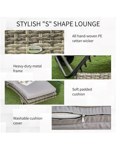 Outsunny Patio Wicker Chaise Lounge Chair, Outdoor PE Rattan Sun Lounger with Adjustable Backrest and 2 Wheels, Grey