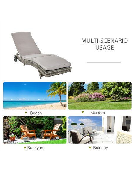 Outsunny Patio Wicker Chaise Lounge Chair, Outdoor PE Rattan Sun Lounger with Adjustable Backrest and 2 Wheels, Grey - pic 118132 | FastDaddyshop