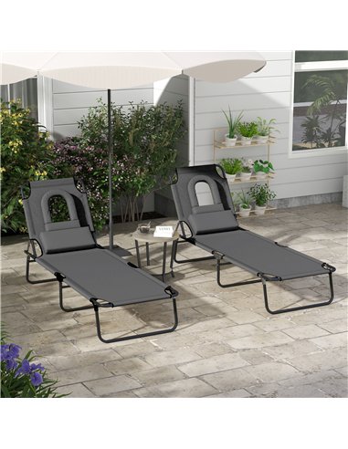 Outsunny Outdoor Foldable Sun Lounger Set of 2, 4 Level Adjustable Backrest Reclining Sun Lounger Chair with Pillow and Reading 