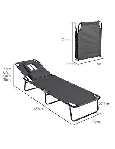 Outsunny Outdoor Foldable Sun Lounger Set of 2, 4 Level Adjustable Backrest Reclining Sun Lounger Chair with Pillow and Reading 