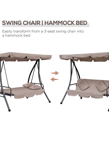 Outsunny Outdoor 2-in-1 Patio Swing Chair Lounger 3 Seater Garden Swing Seat Bed Hammock Bed Convertible Tilt Canopy W/ Cushion,