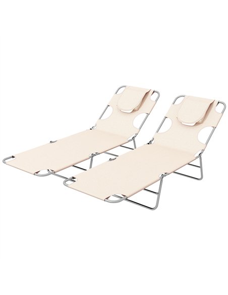 Outsunny Foldable Sun Lounger Set of 2, Beach Chaise Lounges with Reading Hole, Arm Slots, 5-Position Adjustable Backrest, Side  - pic 118164 | FastDaddyshop