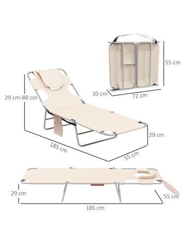 Outsunny Foldable Sun Lounger Set of 2, Beach Chaise Lounges with Reading Hole, Arm Slots, 5-Position Adjustable Backrest, Side 