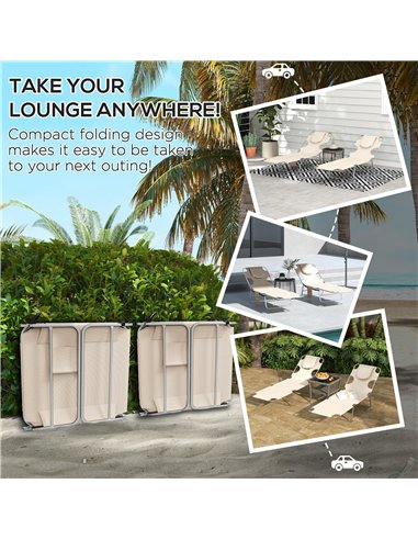 Outsunny Foldable Sun Lounger Set of 2, Beach Chaise Lounges with Reading Hole, Arm Slots, 5-Position Adjustable Backrest, Side 