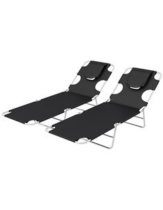 Outsunny Foldable Sun Lounger Set of 2, Beach Chaise Lounges with Reading Hole, Arm Slots, 5-Position Adjustable Backrest, Side 