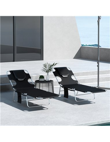 Outsunny Foldable Sun Lounger Set of 2, Beach Chaise Lounges with Reading Hole, Arm Slots, 5-Position Adjustable Backrest, Side 