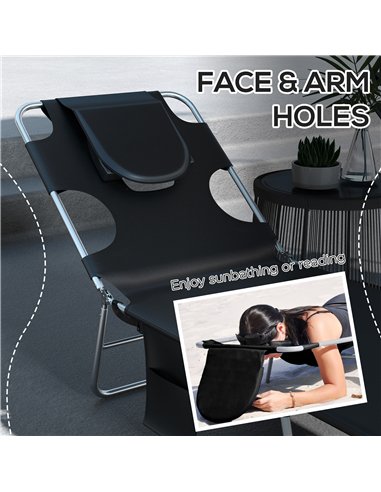 Outsunny Foldable Sun Lounger Set of 2, Beach Chaise Lounges with Reading Hole, Arm Slots, 5-Position Adjustable Backrest, Side 