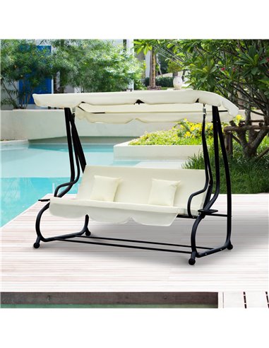 Outsunny 2-in-1 Garden Swing Seat Bed 3 Seater Swing Chair Hammock Bench Bed with Tilting Canopy and 2 Cushions, Cream White