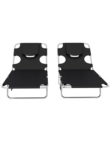 Outsunny Foldable Sun Lounger Set of 2, Beach Chaise Lounges with Reading Hole, Arm Slots, 5-Position Adjustable Backrest, Side 