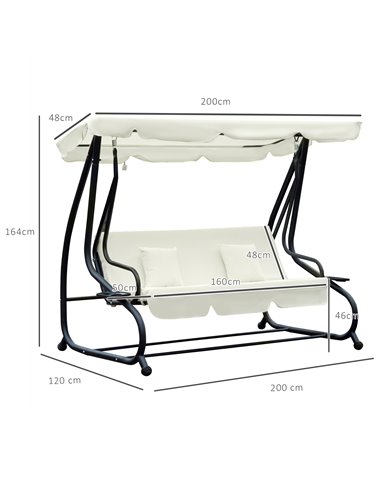 Outsunny 2-in-1 Garden Swing Seat Bed 3 Seater Swing Chair Hammock Bench Bed with Tilting Canopy and 2 Cushions, Cream White