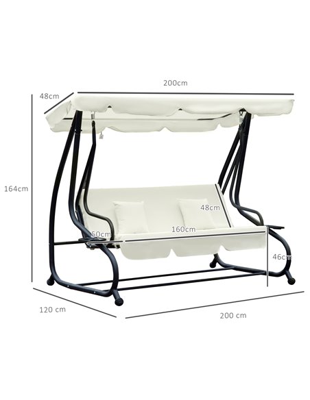 Outsunny 2-in-1 Garden Swing Seat Bed 3 Seater Swing Chair Hammock Bench Bed with Tilting Canopy and 2 Cushions, Cream White - pic 11819 | FastDaddyshop