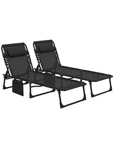 Outsunny Portable Sun Lounger Set of 2, Folding Camping Bed Cot, Reclining Lounge Chair 5-position Adjustable Backrest with Side