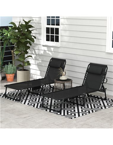 Outsunny Portable Sun Lounger Set of 2, Folding Camping Bed Cot, Reclining Lounge Chair 5-position Adjustable Backrest with Side