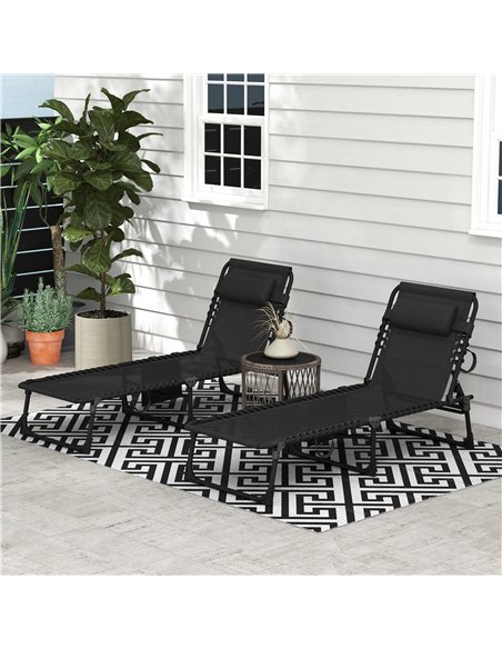 Outsunny Portable Sun Lounger Set of 2, Folding Camping Bed Cot, Reclining Lounge Chair 5-position Adjustable Backrest with Side - pic 118192 | FastDaddyshop