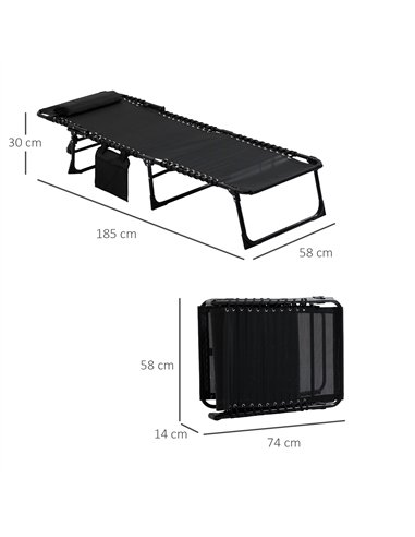 Outsunny Portable Sun Lounger Set of 2, Folding Camping Bed Cot, Reclining Lounge Chair 5-position Adjustable Backrest with Side
