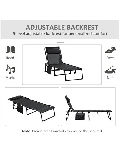 Outsunny Portable Sun Lounger Set of 2, Folding Camping Bed Cot, Reclining Lounge Chair 5-position Adjustable Backrest with Side