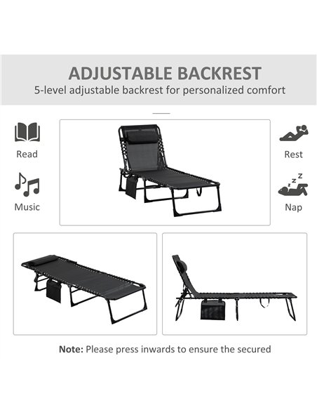 Outsunny Portable Sun Lounger Set of 2, Folding Camping Bed Cot, Reclining Lounge Chair 5-position Adjustable Backrest with Side - pic 118194 | FastDaddyshop