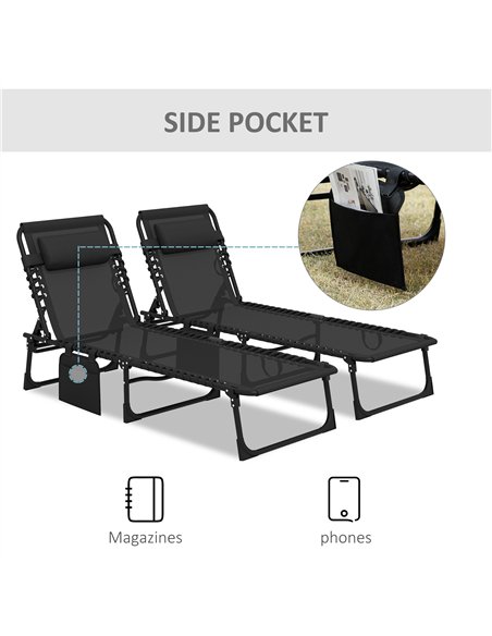Outsunny Portable Sun Lounger Set of 2, Folding Camping Bed Cot, Reclining Lounge Chair 5-position Adjustable Backrest with Side - pic 118197 | FastDaddyshop