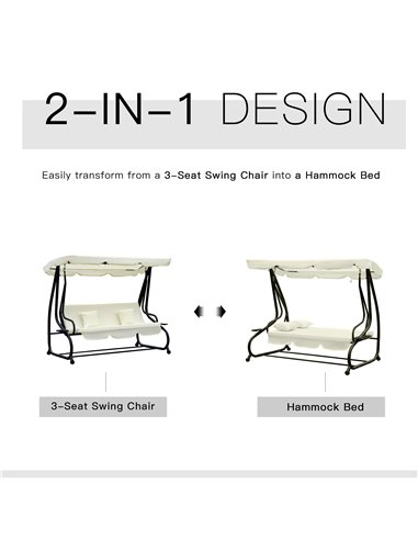 Outsunny 2-in-1 Garden Swing Seat Bed 3 Seater Swing Chair Hammock Bench Bed with Tilting Canopy and 2 Cushions, Cream White