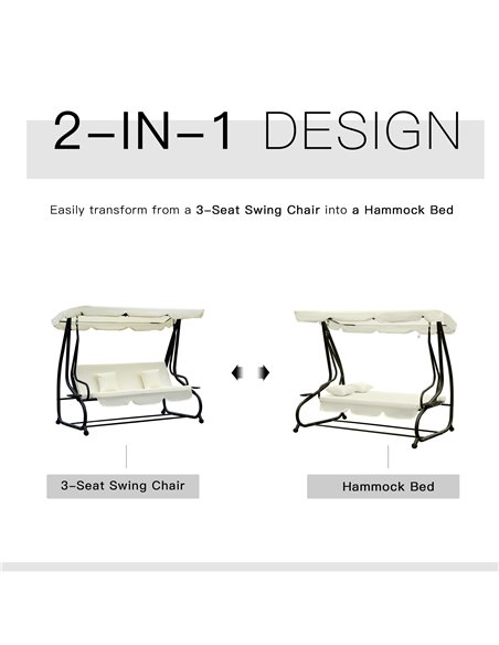 Outsunny 2-in-1 Garden Swing Seat Bed 3 Seater Swing Chair Hammock Bench Bed with Tilting Canopy and 2 Cushions, Cream White - pic 11820 | FastDaddyshop