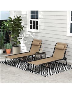 Outsunny Portable Sun Lounger Set of 2, Folding Camping Bed Cot, Reclining Lounge Chair 5-position Adjustable Backrest with Side