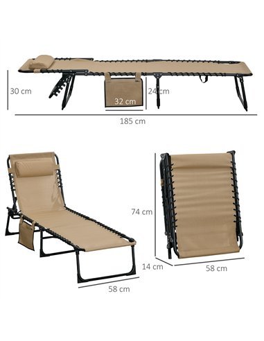 Outsunny Portable Sun Lounger Set of 2, Folding Camping Bed Cot, Reclining Lounge Chair 5-position Adjustable Backrest with Side
