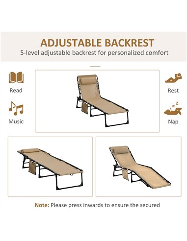 Outsunny Portable Sun Lounger Set of 2, Folding Camping Bed Cot, Reclining Lounge Chair 5-position Adjustable Backrest with Side