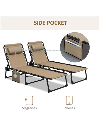 Outsunny Portable Sun Lounger Set of 2, Folding Camping Bed Cot, Reclining Lounge Chair 5-position Adjustable Backrest with Side