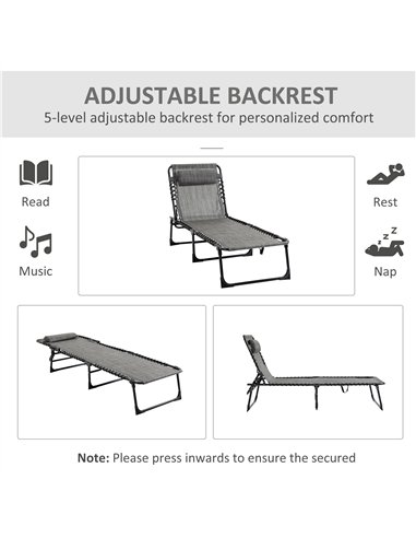 Outsunny Portable Sun Lounger Set of 2, Folding Camping Bed Cot, Reclining Lounge Chair 5-position Adjustable Backrest with Side