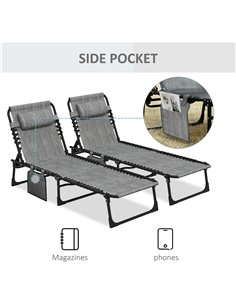 Outsunny Portable Sun Lounger Set of 2, Folding Camping Bed Cot, Reclining Lounge Chair 5-position Adjustable Backrest with Side