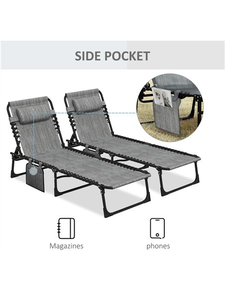 Outsunny Portable Sun Lounger Set of 2, Folding Camping Bed Cot, Reclining Lounge Chair 5-position Adjustable Backrest with Side - pic 118215 | FastDaddyshop