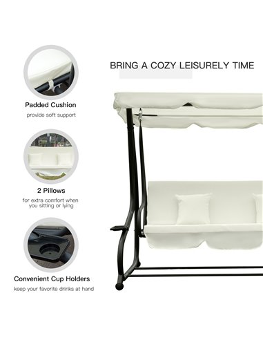 Outsunny 2-in-1 Garden Swing Seat Bed 3 Seater Swing Chair Hammock Bench Bed with Tilting Canopy and 2 Cushions, Cream White