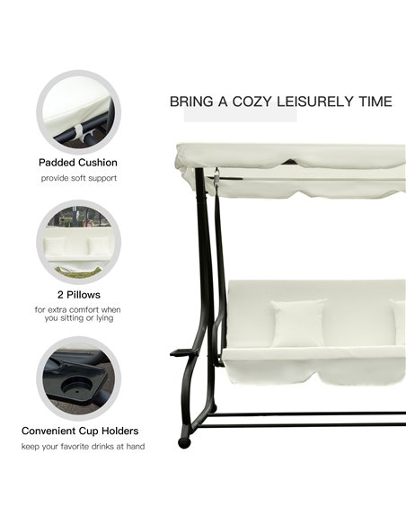 Outsunny 2-in-1 Garden Swing Seat Bed 3 Seater Swing Chair Hammock Bench Bed with Tilting Canopy and 2 Cushions, Cream White - pic 11822 | FastDaddyshop