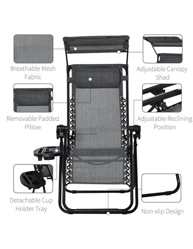 Outsunny 2 Piece Foldable Reclining Garden Chair with Headrest, Zero Gravity Deck Sun Lounger Seat Chair with Footrest, Armrest,