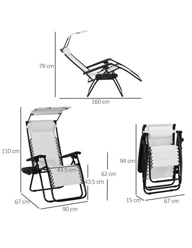 Outsunny 2 Piece Foldable Reclining Garden Chair with Headrest, Zero Gravity Deck Sun Lounger Seat Chair with Footrest, Armrest,