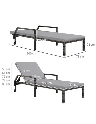 Outsunny Outdoor PE Rattan Sun Lounger Set of 2, Wicker Chaise Recliner Garden Chair with 5-Level Adjustable Backrest and 2 Whee