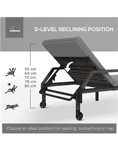 Outsunny Outdoor PE Rattan Sun Lounger Set of 2, Wicker Chaise Recliner Garden Chair with 5-Level Adjustable Backrest and 2 Whee