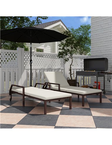 Outsunny Outdoor PE Rattan Sun Lounger Set of 2, Wicker Chaise Recliner Garden Chair with 5-Level Adjustable Backrest and 2 Whee