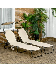 Outsunny 2 Piece Folding Sun Loungers with Canopy, Adjustable Recliner Garden Chairs with Side Pocket, Steel Frame and Breathabl