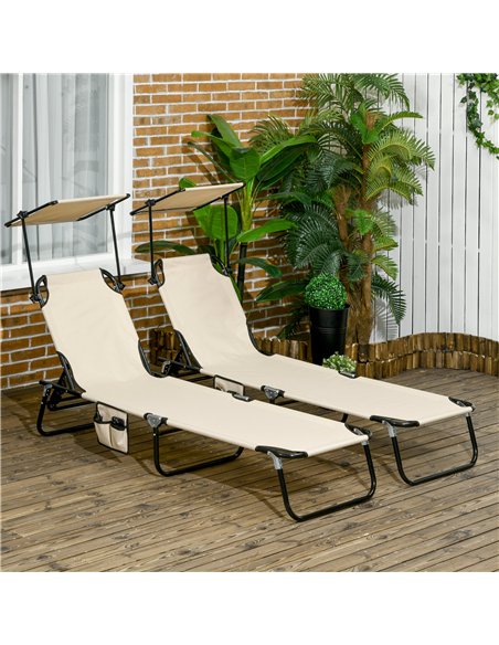 Outsunny 2 Piece Folding Sun Loungers with Canopy, Adjustable Recliner Garden Chairs with Side Pocket, Steel Frame and Breathabl - pic 118345 | FastDaddyshop