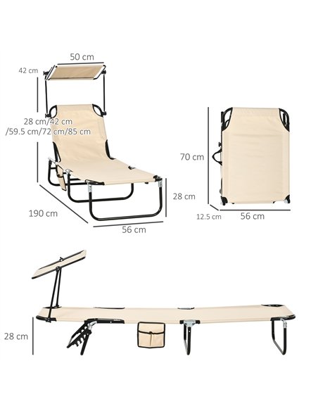Outsunny 2 Piece Folding Sun Loungers with Canopy, Adjustable Recliner Garden Chairs with Side Pocket, Steel Frame and Breathabl - pic 118346 | FastDaddyshop