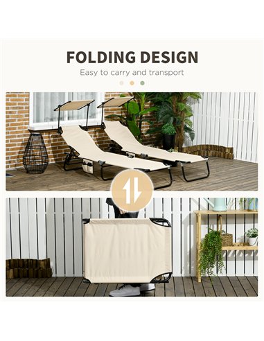 Outsunny 2 Piece Folding Sun Loungers with Canopy, Adjustable Recliner Garden Chairs with Side Pocket, Steel Frame and Breathabl