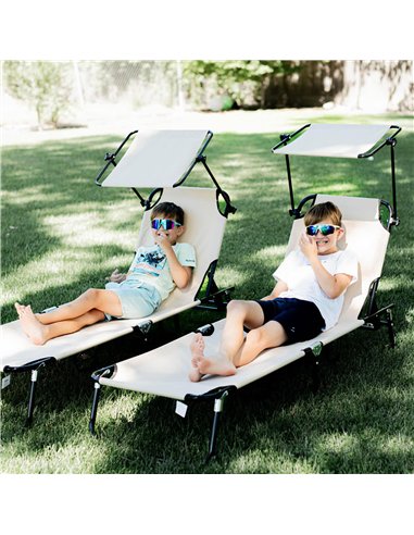 Outsunny 2 Piece Folding Sun Loungers with Canopy, Adjustable Recliner Garden Chairs with Side Pocket, Steel Frame and Breathabl