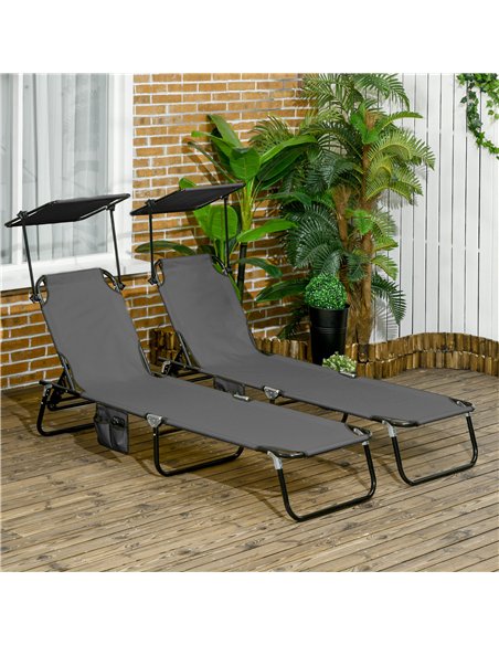 Outsunny 2 Piece Folding Sun Loungers with Canopy, Adjustable Recliner Garden Chairs with Side Pocket, Steel Frame and Breathabl - pic 118354 | FastDaddyshop