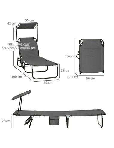 Outsunny 2 Piece Folding Sun Loungers with Canopy, Adjustable Recliner Garden Chairs with Side Pocket, Steel Frame and Breathabl
