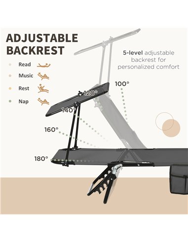 Outsunny 2 Piece Folding Sun Loungers with Canopy, Adjustable Recliner Garden Chairs with Side Pocket, Steel Frame and Breathabl